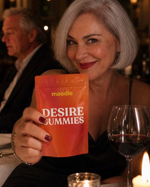 Moodie customer, 58, date night, holding her pouch of Desire Gummies