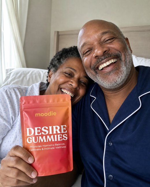 Moodie customers, 61 and 63, in bed with their pouch of Desire Gummies