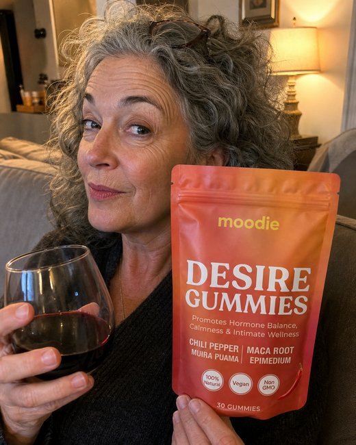Moodie customer, 64, on the couch, holding her pouch of Desire Gummies