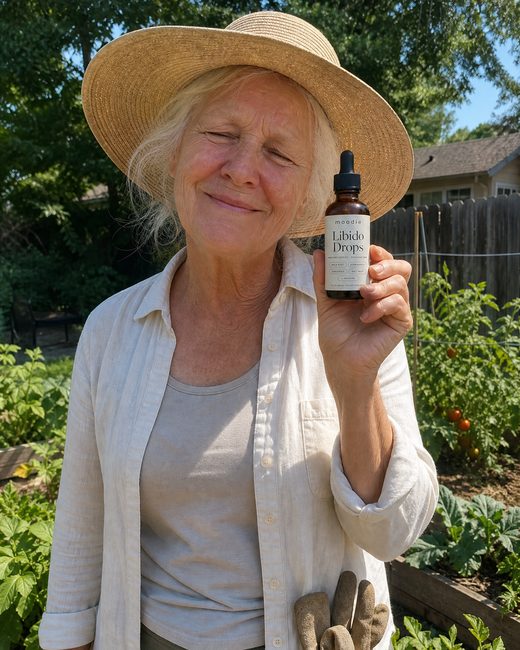 Moodie customer, 70, garden, holding her bottle of Libido Drops