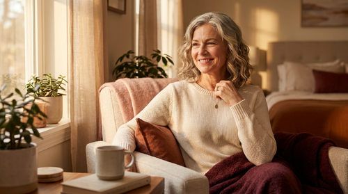 A radiant woman in her fifties enjoying warm morning light
