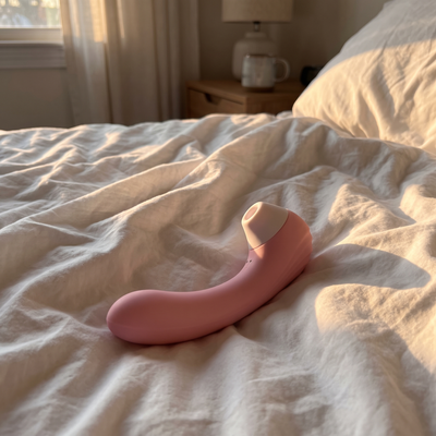 Moodie Bloom resting on the bed in soft morning light