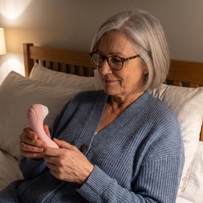 A woman relaxing in bed with the Moodie Bloom
