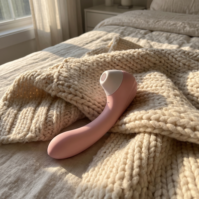 Moodie Bloom resting on a cozy knit blanket