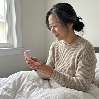 A woman holding the Moodie Bloom by the window
