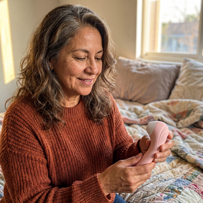 A woman looking at the Moodie Bloom at home