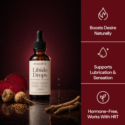 Moodie Libido Drops bottle with beet root, maca and ashwagandha. Boosts desire naturally, supports lubrication and sensation, hormone-free and works with HRT.