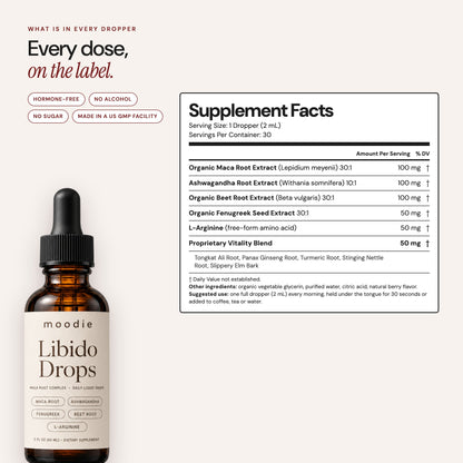 Moodie Libido Drops Supplement Facts: organic maca root extract 30:1 100 mg, ashwagandha root extract 10:1 100 mg, organic beet root extract 30:1 100 mg, organic fenugreek seed extract 30:1 50 mg, L-arginine 50 mg, proprietary blend 50 mg per 2 mL dropper.