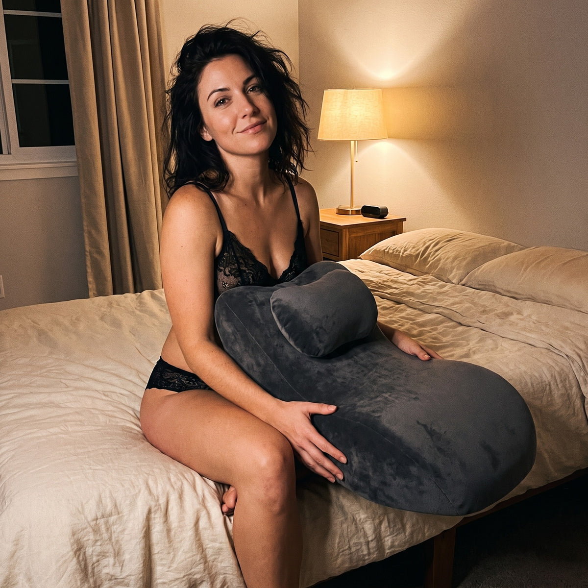 Woman in lingerie holding the Moodie Pillow on her lap