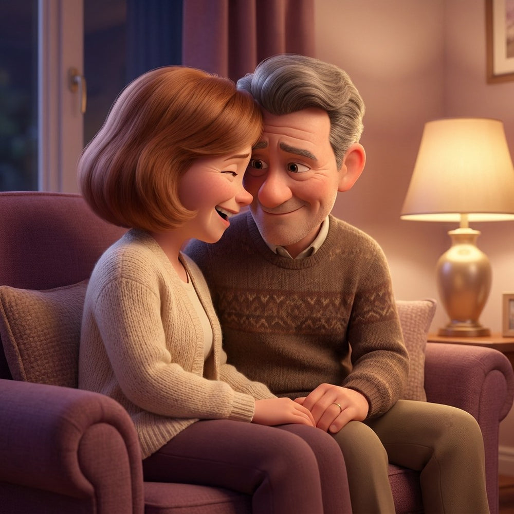 A couple in their fifties laughing together on a couch