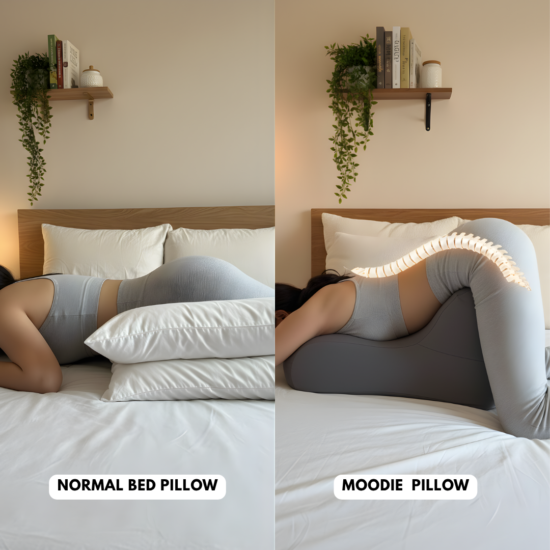 A normal bed pillow sinks flat. The Moodie Pillow holds the 27 degree angle.