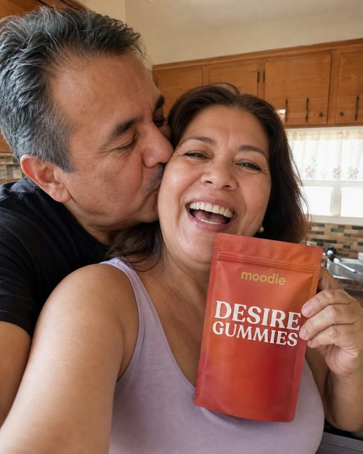 Moodie customers, 55 and 57, in the kitchen with their pouch of Desire Gummies