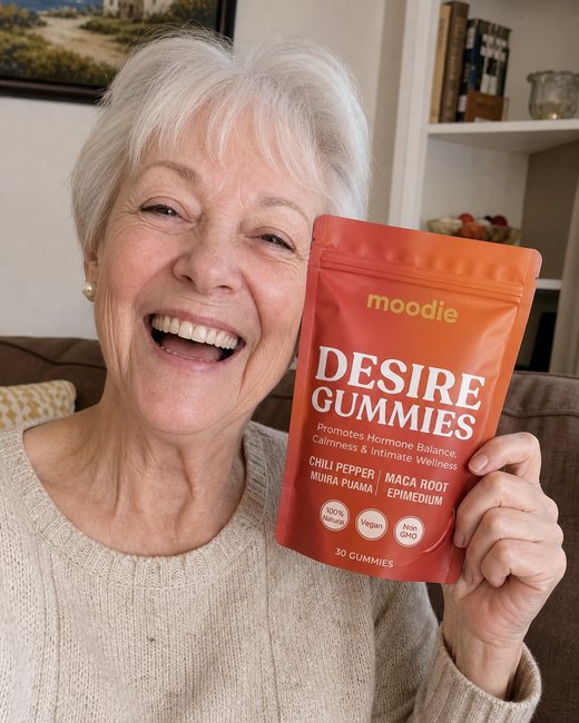 Moodie customer, 69, living room, holding her pouch of Desire Gummies