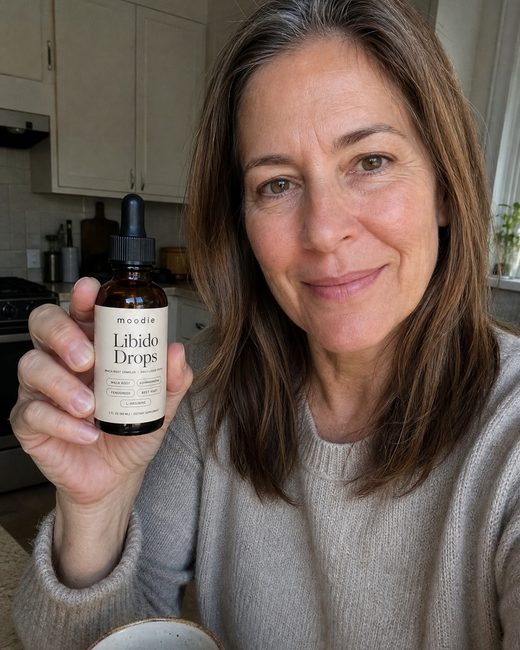 Moodie customer, 52, kitchen, holding her bottle of Libido Drops