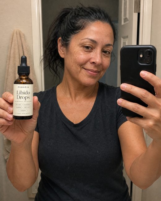 Moodie customer, 49, bathroom mirror, holding her bottle of Libido Drops