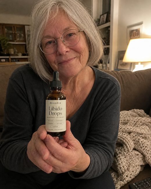 Moodie customer, 66, living room, holding her bottle of Libido Drops