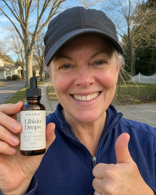 Moodie customer, 54, morning walk, holding her bottle of Libido Drops